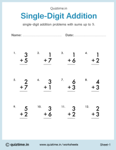 Single Digit Addition Sheet 1 | QuizZ Time